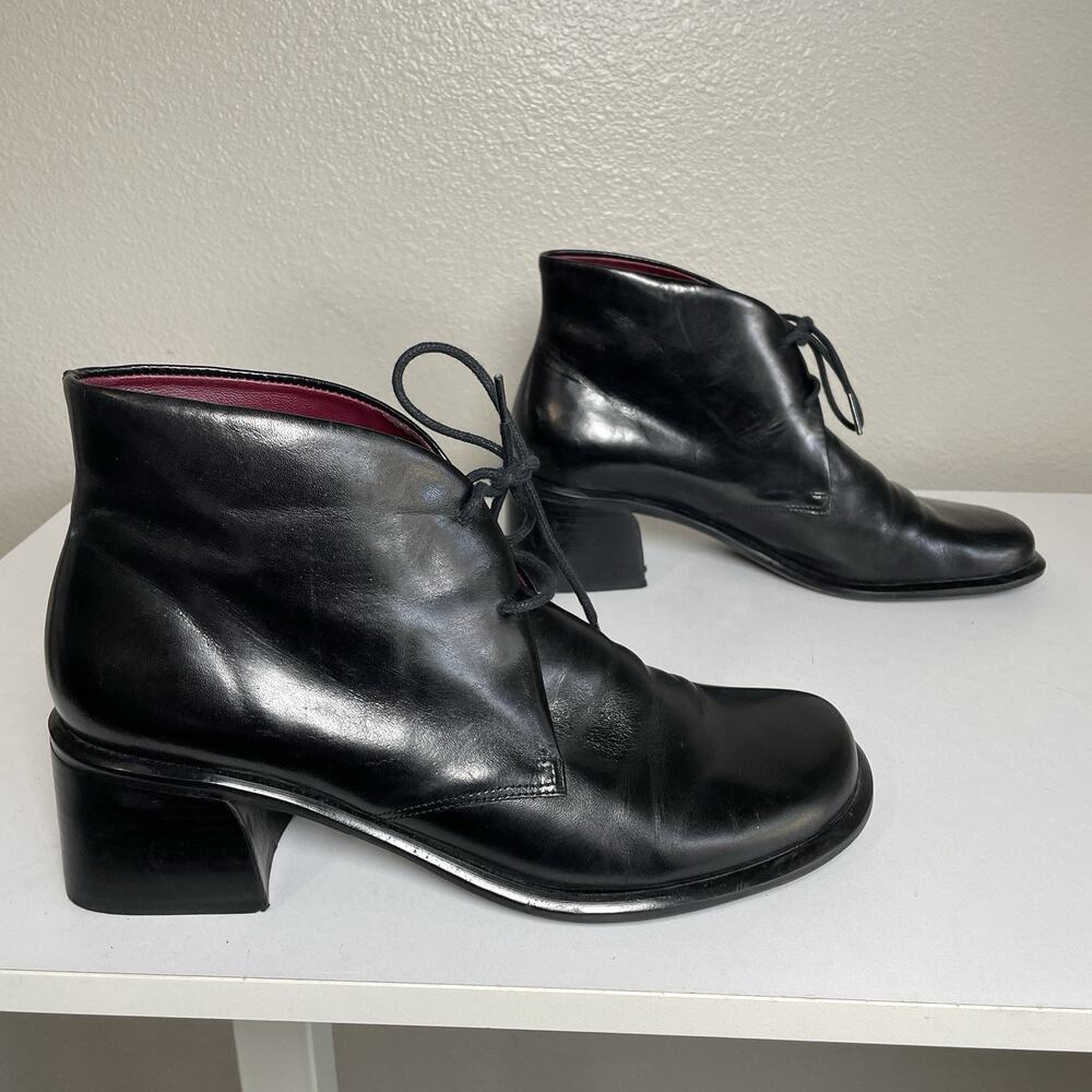 Franco Sarto Black Leather Block Heel Ankle Boots 38 M Brazil Goth Dark Romantic